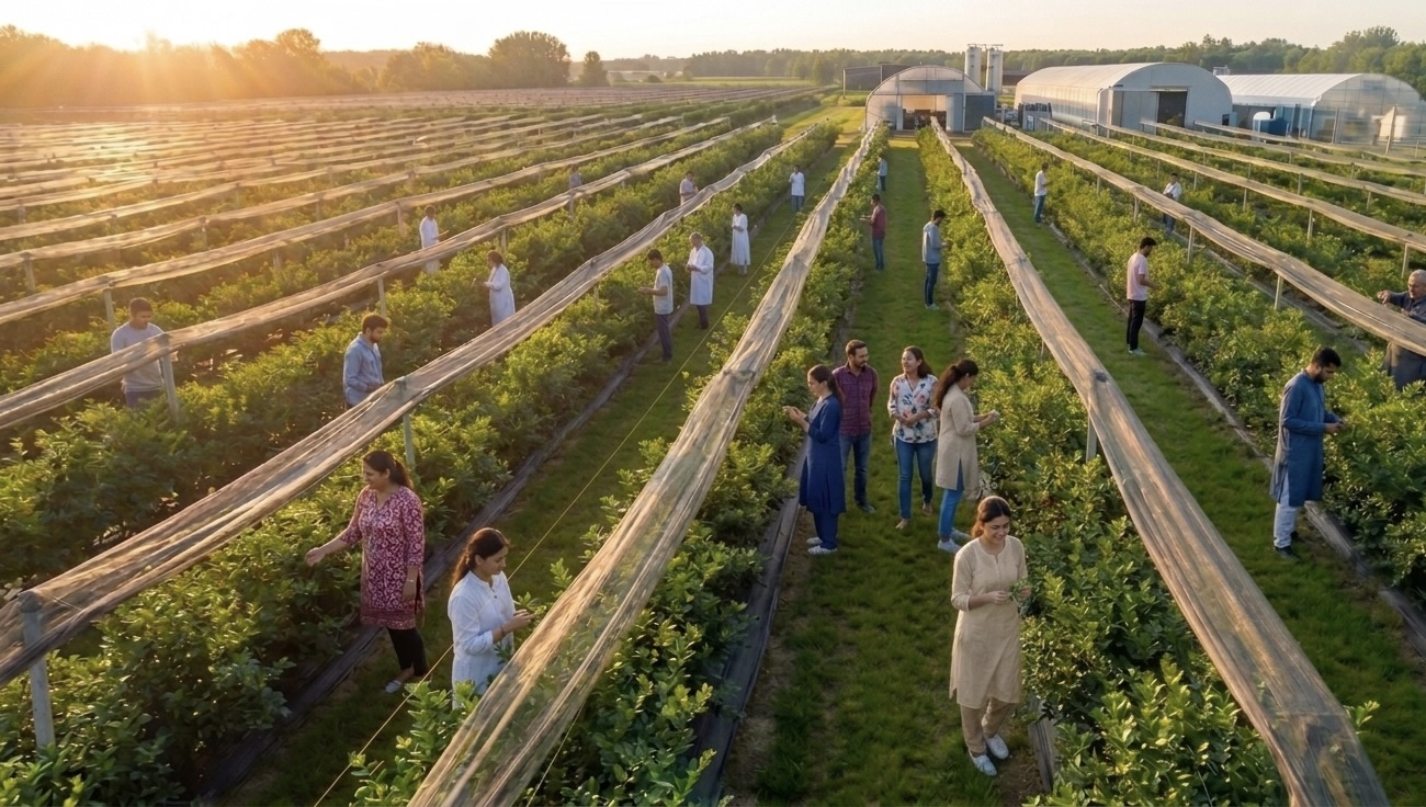 Aerial view of BLRberry blueberry farm rows at sunrise
